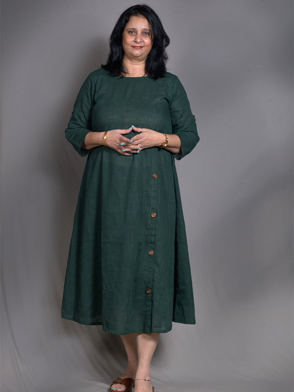Bottle Green side button long dress 