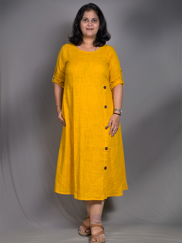 Mustard Yellow side button long dress 