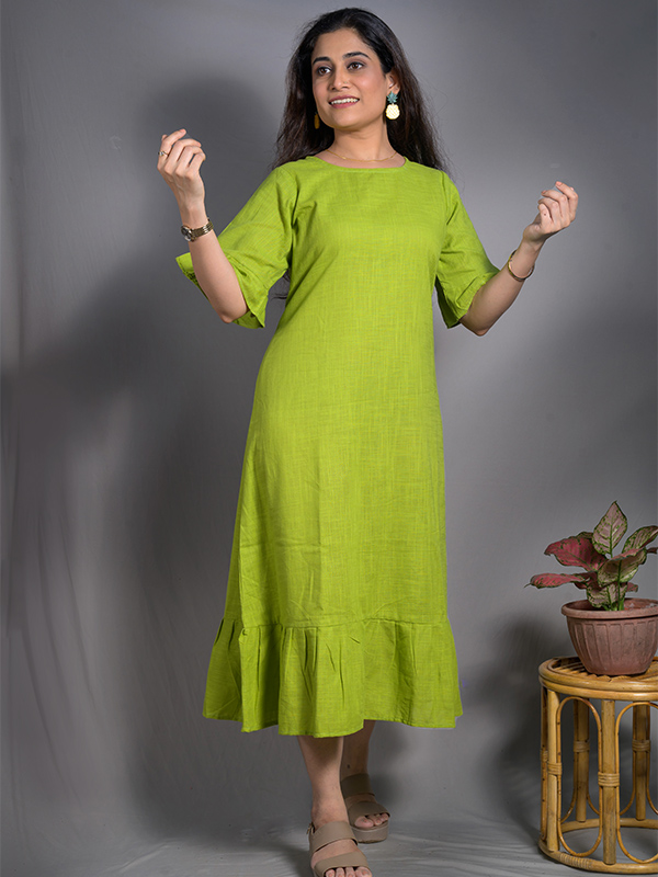 Parrot green frill long dress 
