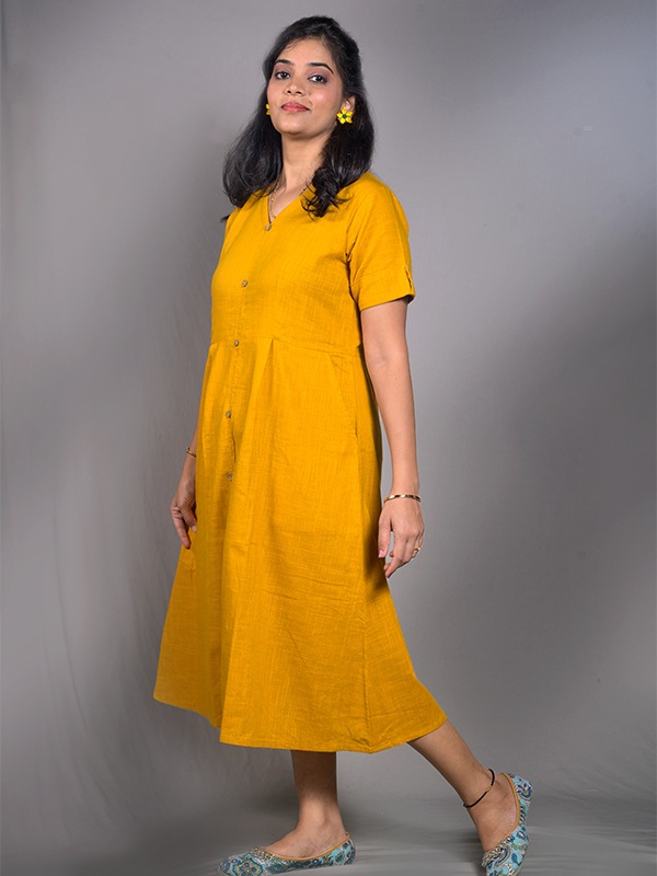 Mustard Yellow Half sleeves  Long Dress 