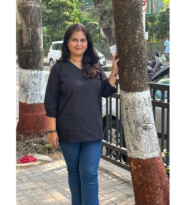 Black V neck solid short kurta