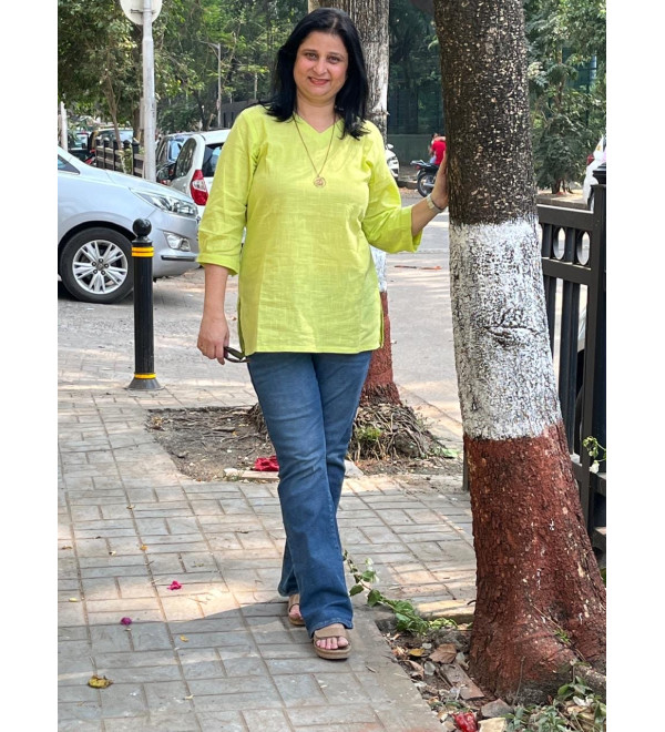 Fluorescent green v neck solid short kurta