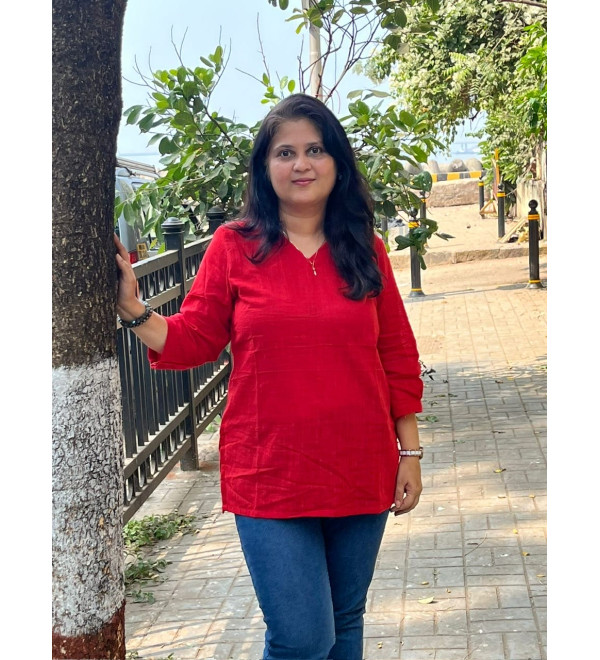 Red V neck solid short kurta